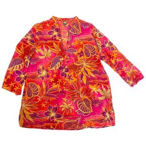 Boo Gemes cotton silk floral Hawaiian thin tunic blouse colorful cruise size L